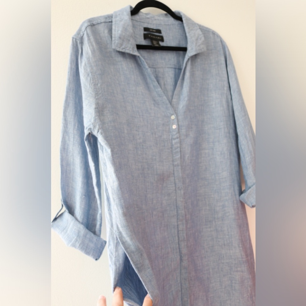 Tahari 100% Linen Blue Button Down Shirt Blouse Tunic Top Size XL Coastal Beach - Picture 3 of 7